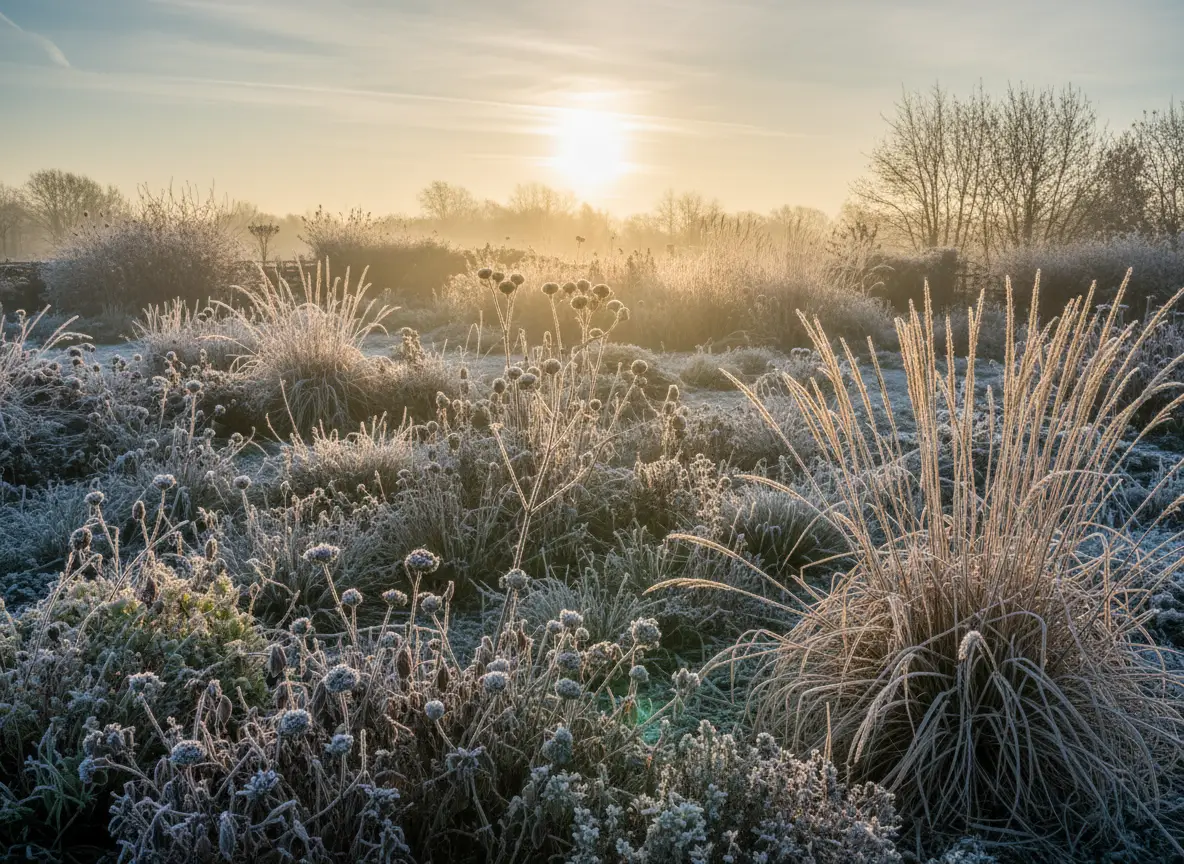 Frostiger Garten im warmen Licht der Wintersonne.