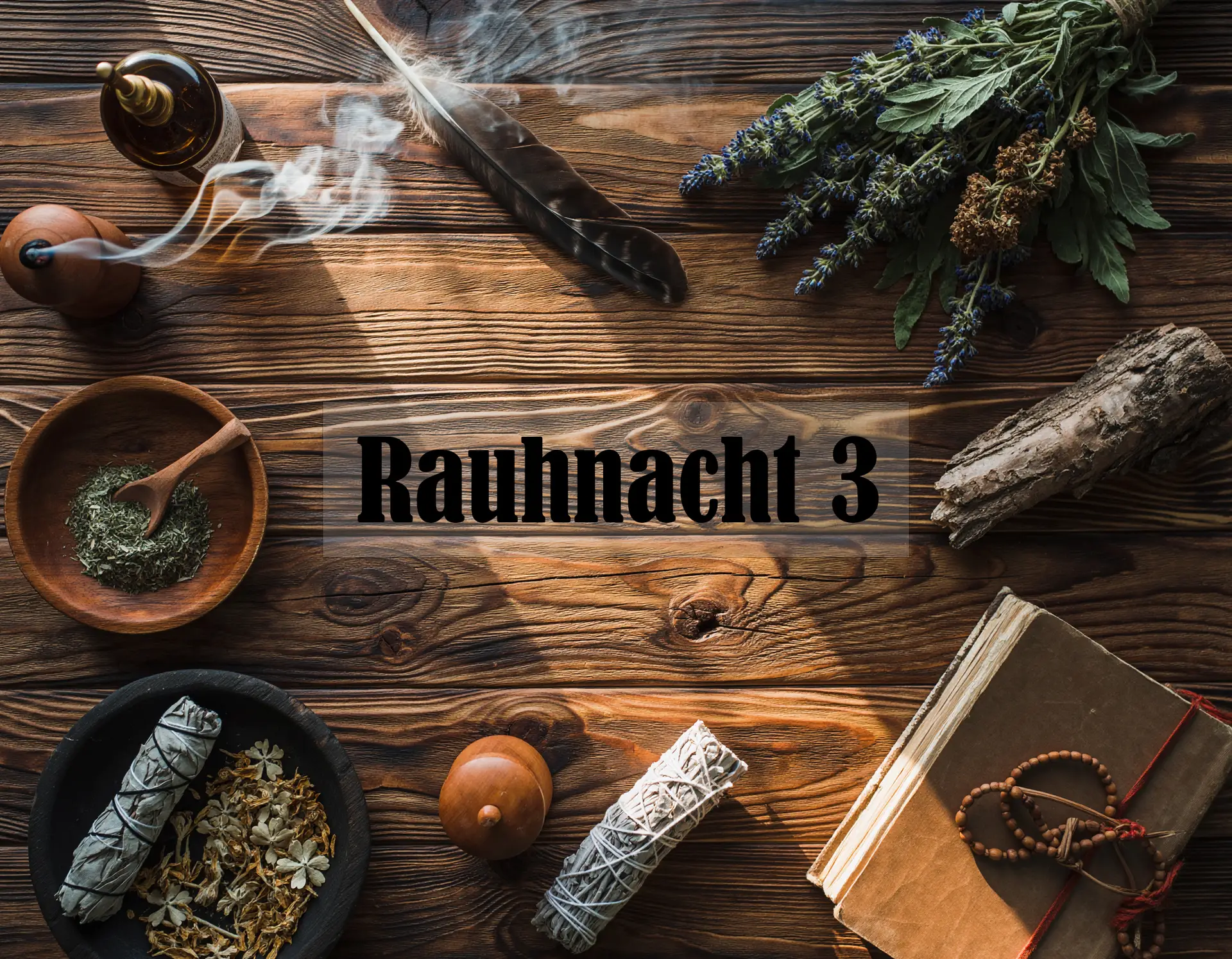 Stillleben zur Rauhnacht mit Kräutern, Rauch, Feder und Räucherwerk auf rustikalem Holztisch.