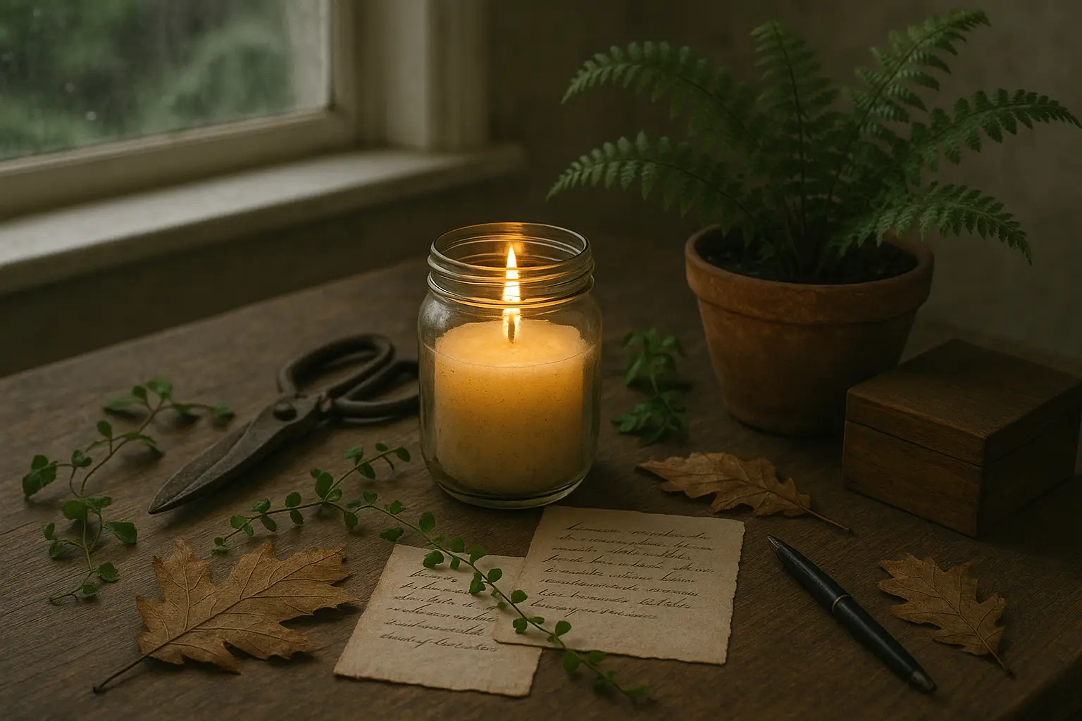 Räucherwerk, getrocknete Kräuter, Federn und Ritualgegenstände auf einem Holztisch.