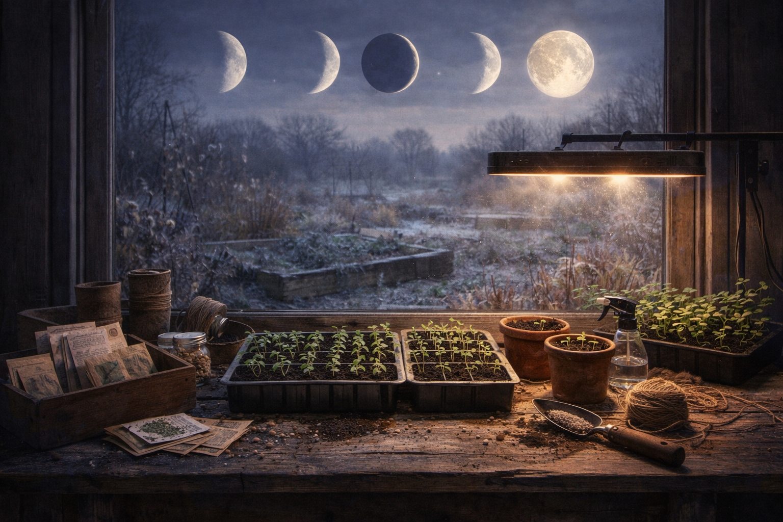 Anzuchtstation am Fenster mit Mondphasen und Jungpflanzen im Winter
