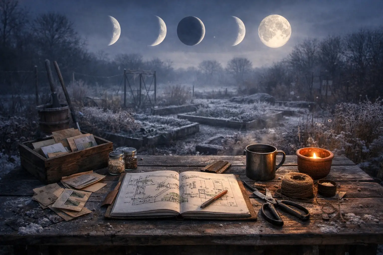 Verschneiter Garten bei Nacht mit Arbeitstisch, offenem Notizbuch, Kerze und Mondphasen am Himmel.