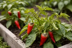 Chilipflanze mit roten Früchten und dunklen Faulstellen durch Calciummangel