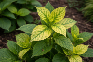 Hortensie mit hellgelben Blättern und deutlich grünen Blattadern.