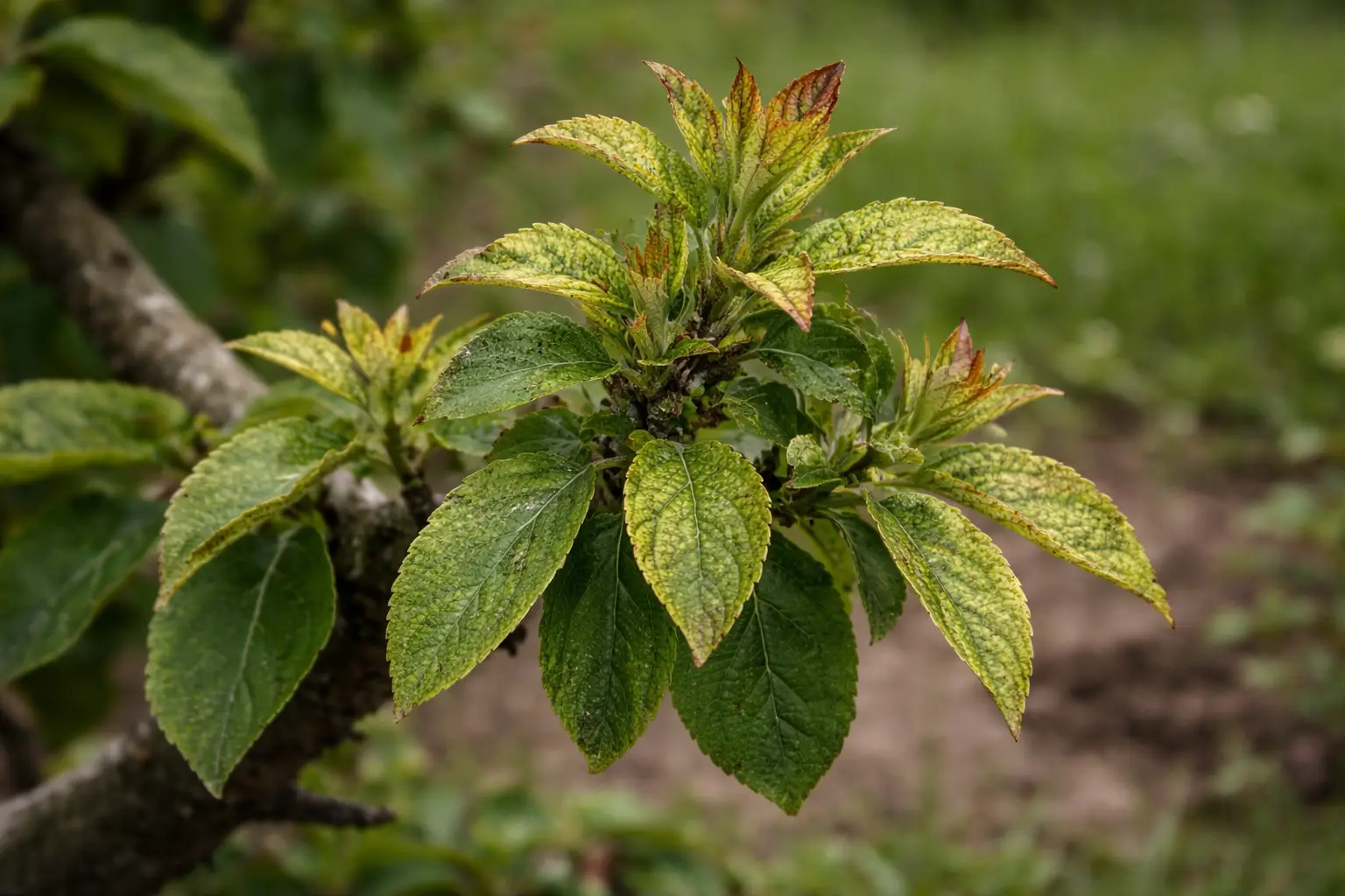 Apfelbaum mit gelblichen Blättern durch Zinkmangel im jungen Austrieb.