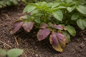 Kartoffelpflanze mit violett verfärbten unteren Blättern im Beet.