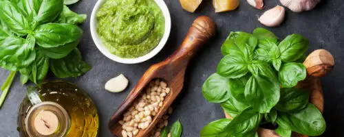 Frisches Basilikum, Pesto, Olivenöl, Pinienkerne, Knoblauch und Parmesan auf dunkler Oberfläche.