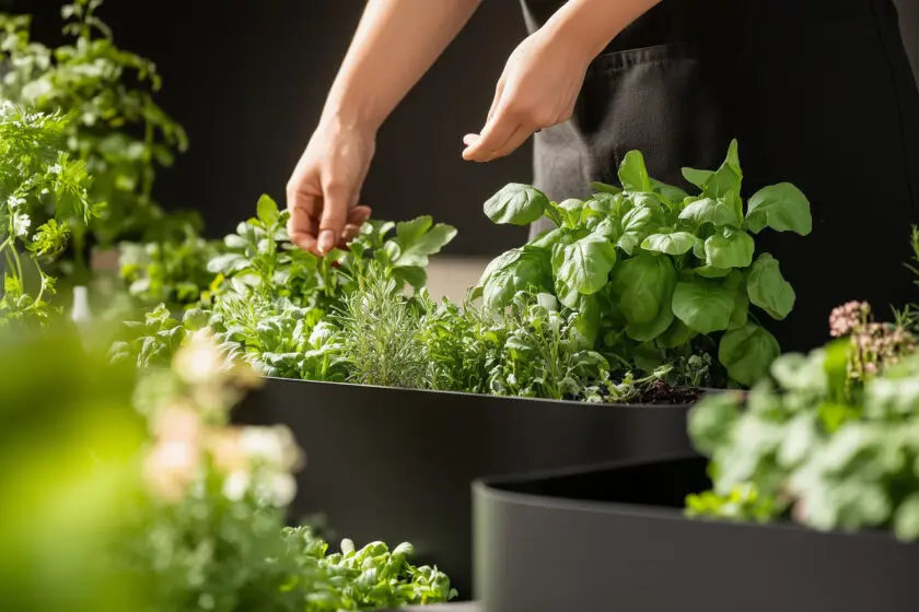 Person erntet frische Kräuter wie Basilikum und Rosmarin aus einem Balkonkasten.