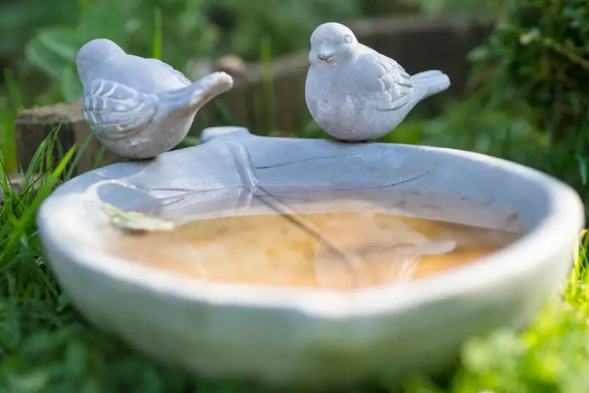 Zwei Vogelfiguren sitzen am Rand einer Wasserschale im Garten.