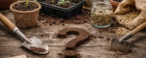 Jungpflanzen in Anzuchtschalen, Samen und Gartengeräte auf Holztisch, Fragezeichen aus Erde geformt.