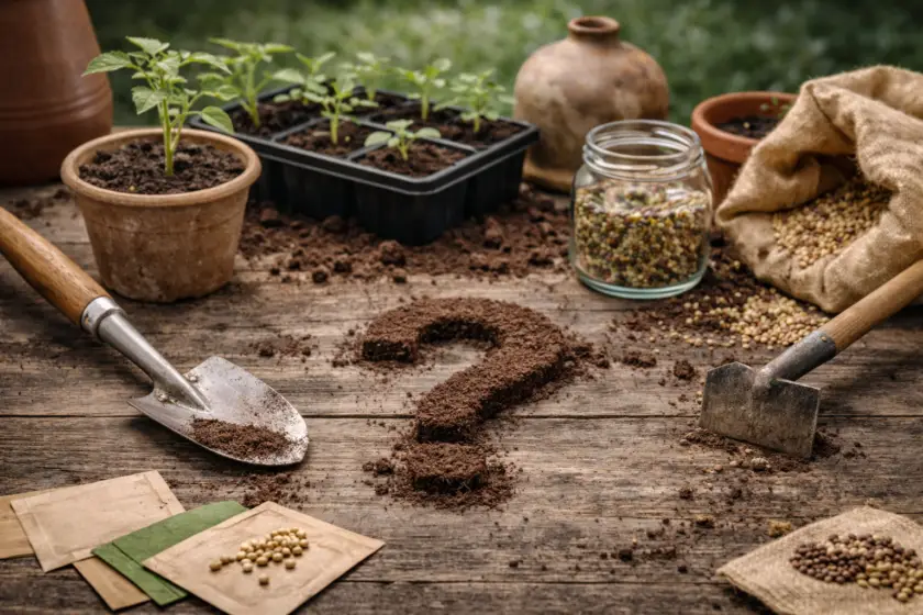Jungpflanzen in Anzuchtschalen, Samen und Gartengeräte auf Holztisch, Fragezeichen aus Erde geformt.