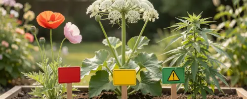 Gartenbeet mit Pflanzen und Warnschildern zeigt erlaubte, eingeschränkt erlaubte und verbotene Pflanzen.