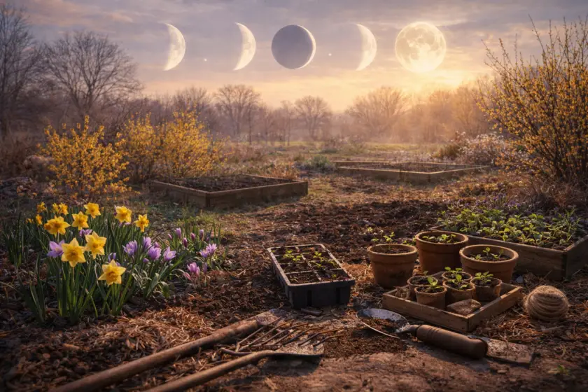 Frühlingsgarten mit Hochbeeten, Setzlingen und Gartengeräten bei Sonnenaufgang, darüber Mondphasen am Himmel.