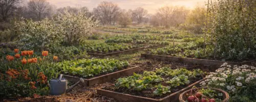 Gemüsegarten mit Hochbeeten, blühenden Pflanzen und Erntekorb bei Sonnenaufgang, darüber verschiedene Mondphasen.