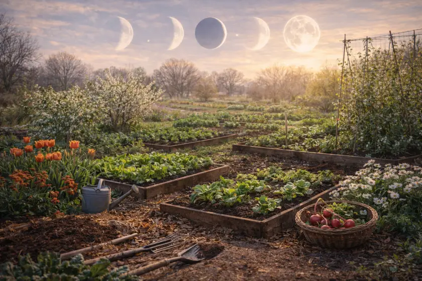 Gemüsegarten mit Hochbeeten, blühenden Pflanzen und Erntekorb bei Sonnenaufgang, darüber verschiedene Mondphasen.