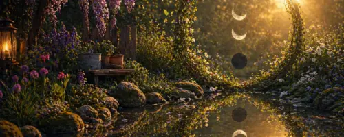 Romantischer Garten mit blühendem Blauregen, Teich und Rankbogen mit Mondphasen im warmen Abendlicht.