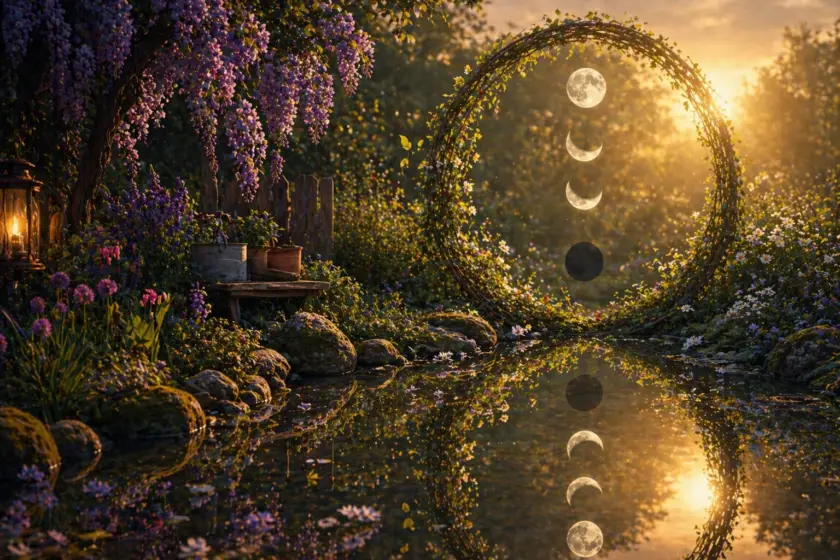 Romantischer Garten mit blühendem Blauregen, Teich und Rankbogen mit Mondphasen im warmen Abendlicht.