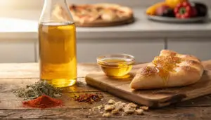 Flasche mit Oregano-Paprika-Öl und Gewürzen neben frischem Fladenbrot.