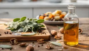 Flasche mit Salbei-Walnuss-Öl neben frischem Salbei und Walnüssen.