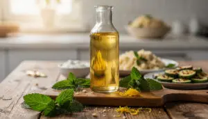 Flasche mit Minz-Melissen-Öl neben frischer Minze und Zitronenschale.