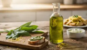 Flasche mit Bärlauchöl neben frischem Bärlauch und Brot auf Holztisch.