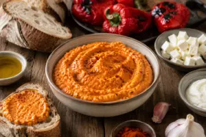 Paprika-Feta-Aufstrich in einer Schale mit Brot, gerösteter Paprika und Knoblauch.