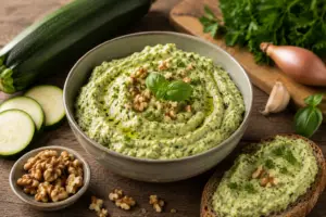 Zucchini-Walnuss-Aufstrich mit frischen Kräutern in einer Schale, serviert mit Brot.