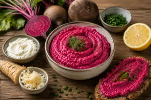 Rote-Bete-Aufstrich mit Meerrettich in einer Schale, serviert mit Brot und frischen Zutaten.