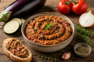 Auberginen-Tomaten-Aufstrich in einer Schale mit Aubergine, Tomaten und frischen Kräutern.