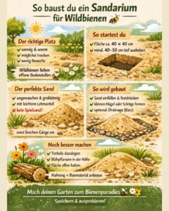 Infografik zum Bau eines Sandariums für Wildbienen mit Tipps zu Standort, Sand und Pflege.