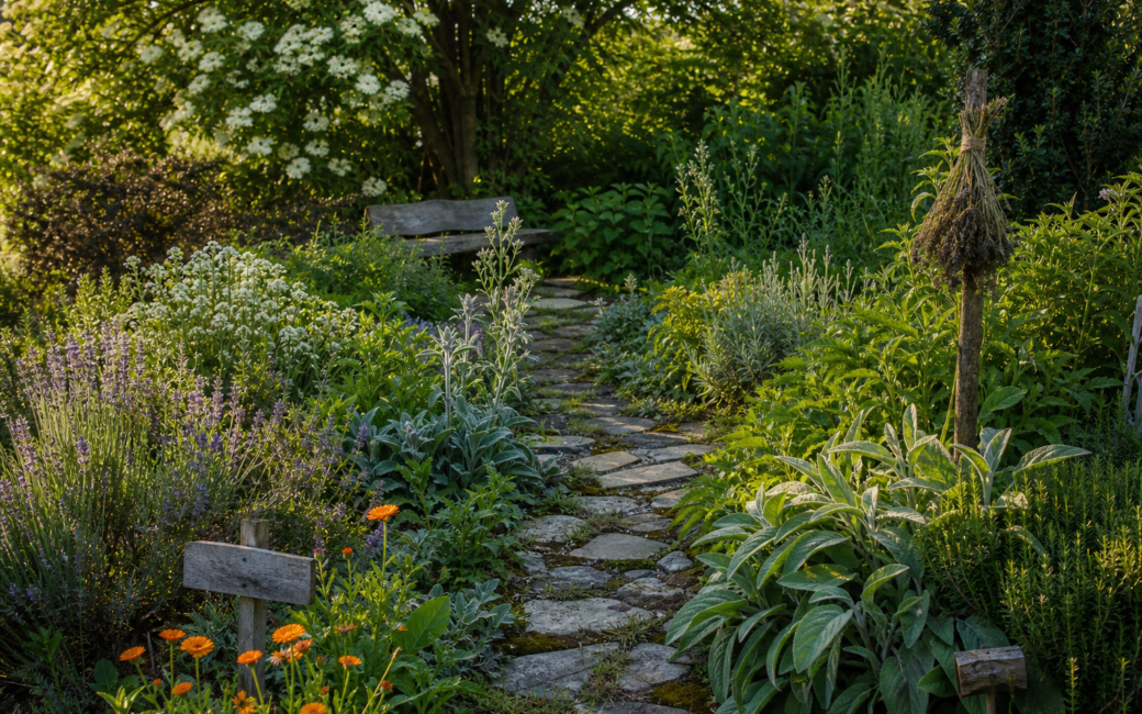 Naturnaher Hexengarten mit Kräutern, Blühpflanzen und geschwungenem Steinweg im warmen Abendlicht