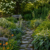Naturnaher Hexengarten mit Kräutern, Blühpflanzen und geschwungenem Steinweg im warmen Abendlicht