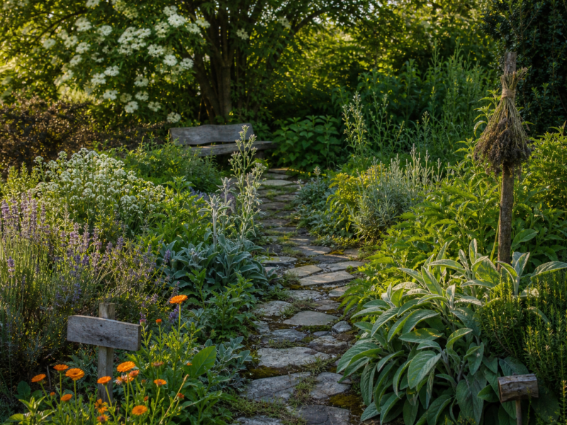 Naturnaher Hexengarten mit Kräutern, Blühpflanzen und geschwungenem Steinweg im warmen Abendlicht