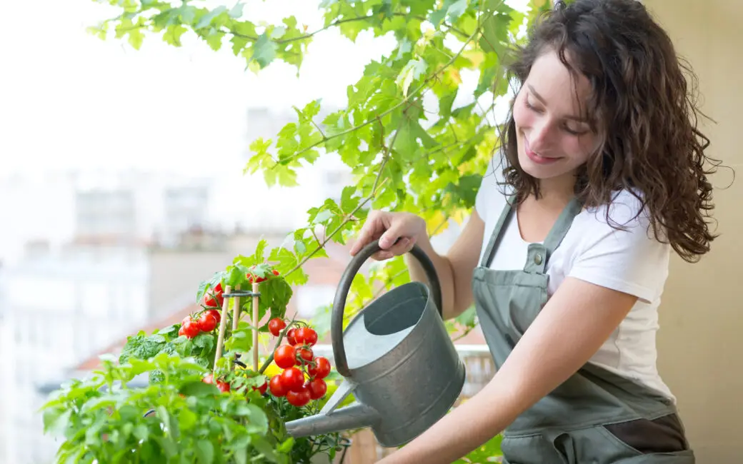 Person gießt Tomaten und Kräuter auf dem Balkon im August mit einer Gießkanne.