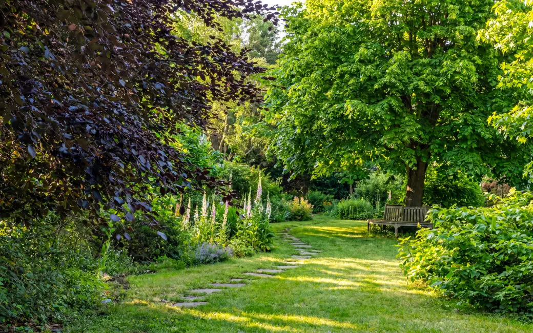 Naturnaher Waldgarten mit Bäumen, Sträuchern, Stauden und geschwungenem Gartenweg.