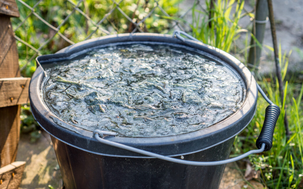Eimer mit fermentierter Pflanzenjauche zur natürlichen Düngung im Garten