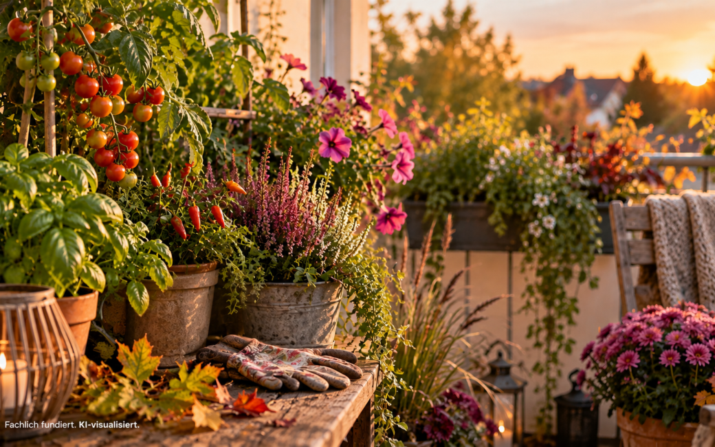 Spätsommerlicher Balkon mit reifen Tomaten, Kräutern, Sommerblumen und ersten herbstlichen Pflanzen im warmen Septemberlicht.
