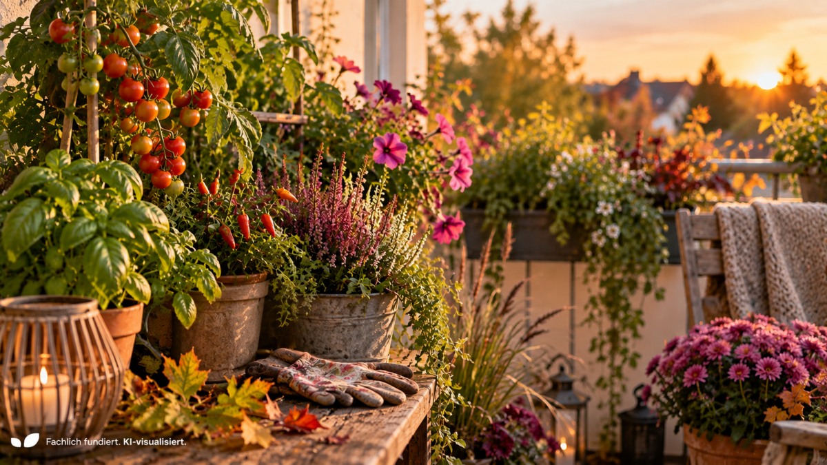 Spätsommerlicher Balkon mit reifen Tomaten, Kräutern, Sommerblumen und ersten herbstlichen Pflanzen im warmen Septemberlicht.