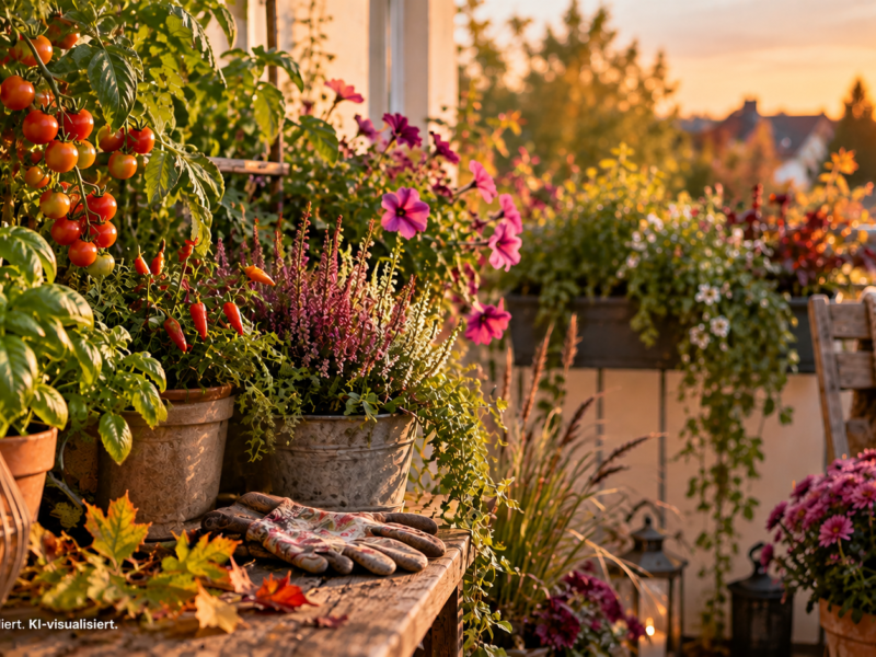 Spätsommerlicher Balkon mit reifen Tomaten, Kräutern, Sommerblumen und ersten herbstlichen Pflanzen im warmen Septemberlicht.