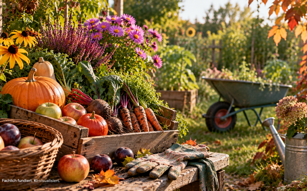 Herbstlicher Garten im September mit Kürbissen, Äpfeln, Möhren und Roter Bete sowie blühenden Astern und Sonnenhut im warmen Spätsommerlicht.