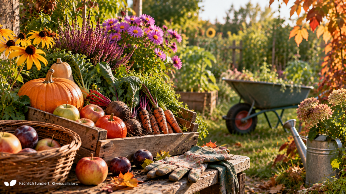 Herbstlicher Garten im September mit Kürbissen, Äpfeln, Möhren und Roter Bete sowie blühenden Astern und Sonnenhut im warmen Spätsommerlicht.