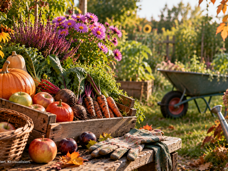 Herbstlicher Garten im September mit Kürbissen, Äpfeln, Möhren und Roter Bete sowie blühenden Astern und Sonnenhut im warmen Spätsommerlicht.