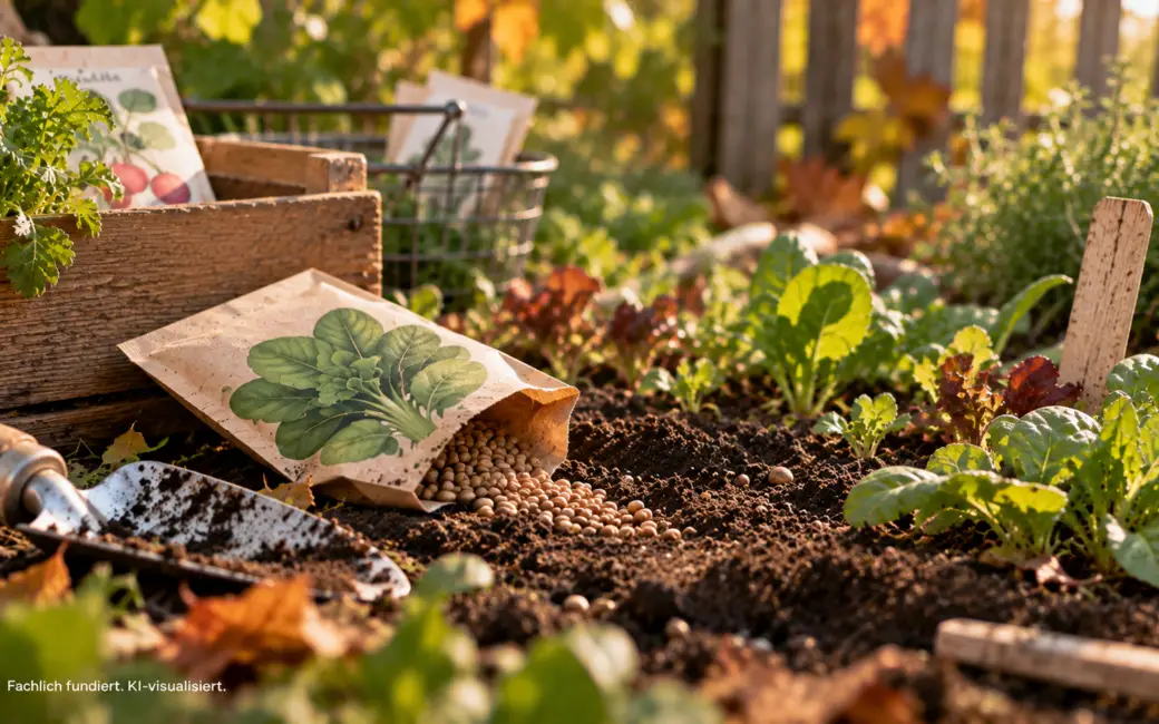 Saatgut und junge Gemüsepflanzen in einem herbstlichen Gartenbeet mit lockerer Erde und Gartenschaufel im warmen Septemberlicht.