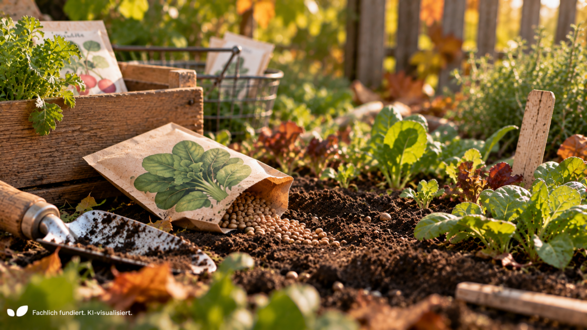 Saatgut und junge Gemüsepflanzen in einem herbstlichen Gartenbeet mit lockerer Erde und Gartenschaufel im warmen Septemberlicht.