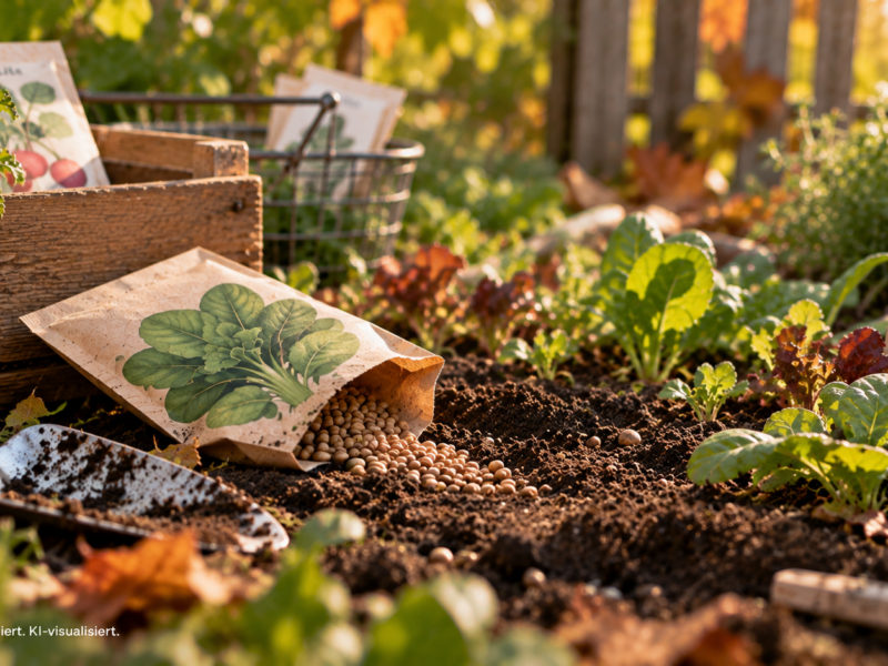 Saatgut und junge Gemüsepflanzen in einem herbstlichen Gartenbeet mit lockerer Erde und Gartenschaufel im warmen Septemberlicht.