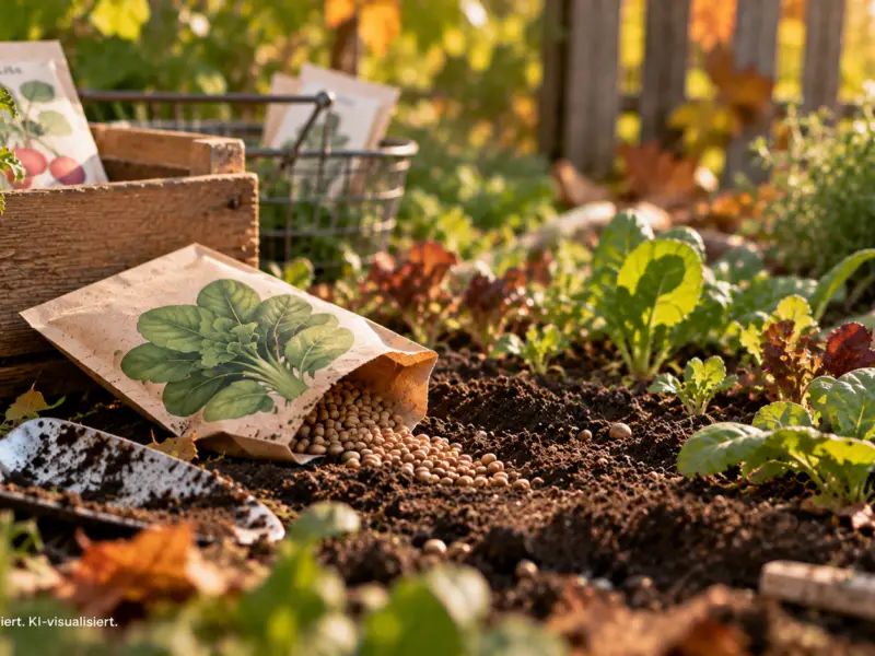 Saatgut und junge Gemüsepflanzen in einem herbstlichen Gartenbeet mit lockerer Erde und Gartenschaufel im warmen Septemberlicht.