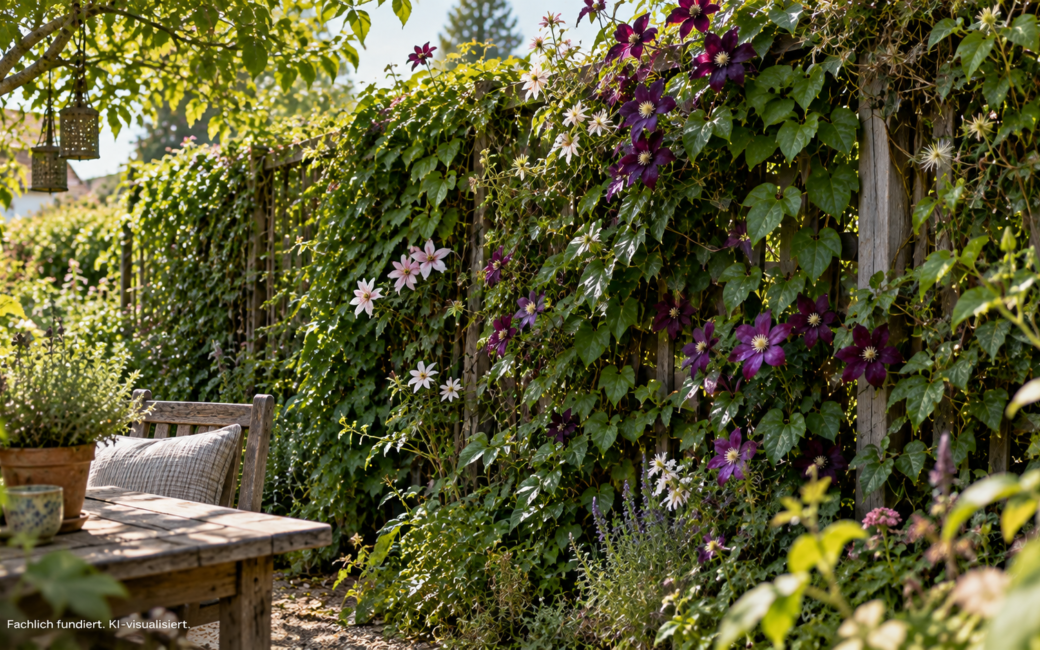 Dicht bewachsenes Rankgitter mit verschiedenen blühenden Kletterpflanzen als natürlicher Sichtschutz an einem gemütlichen, leicht verwilderten Sitzplatz im Garten.