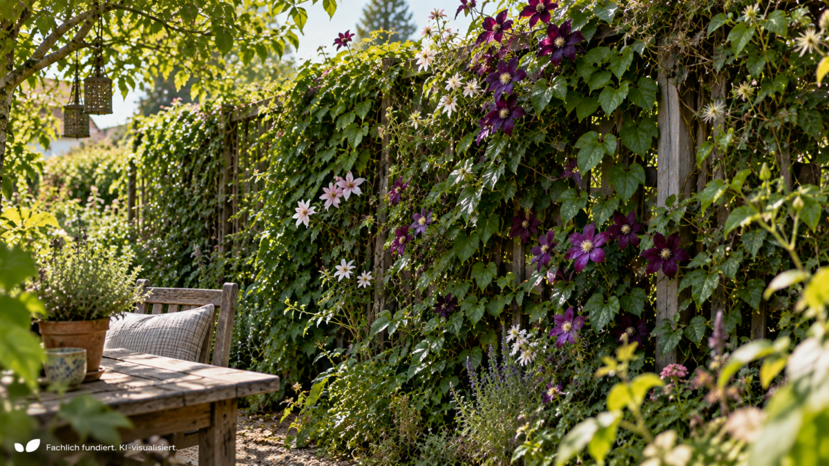 Dicht bewachsenes Rankgitter mit verschiedenen blühenden Kletterpflanzen als natürlicher Sichtschutz an einem gemütlichen, leicht verwilderten Sitzplatz im Garten.