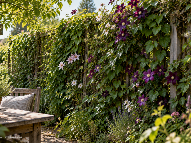 Dicht bewachsenes Rankgitter mit verschiedenen blühenden Kletterpflanzen als natürlicher Sichtschutz an einem gemütlichen, leicht verwilderten Sitzplatz im Garten.