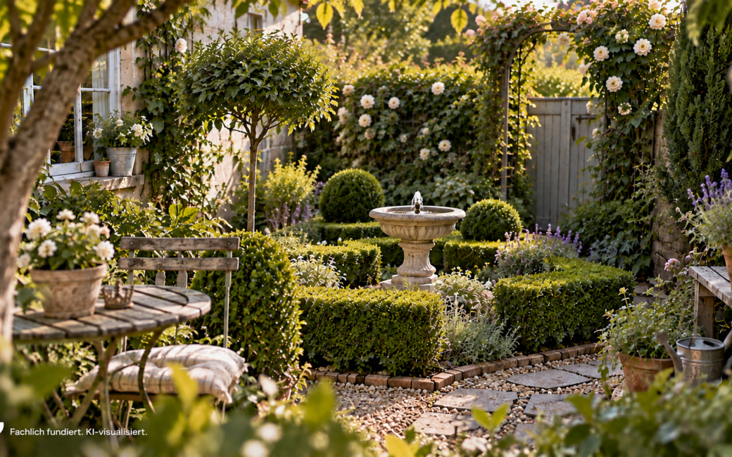 Kleiner Garten im französischen Barockstil mit geometrisch geschnittenen Hecken, Kieswegen, Rosen, Lavendel und einem kleinen Brunnen als zentralem Blickfang.