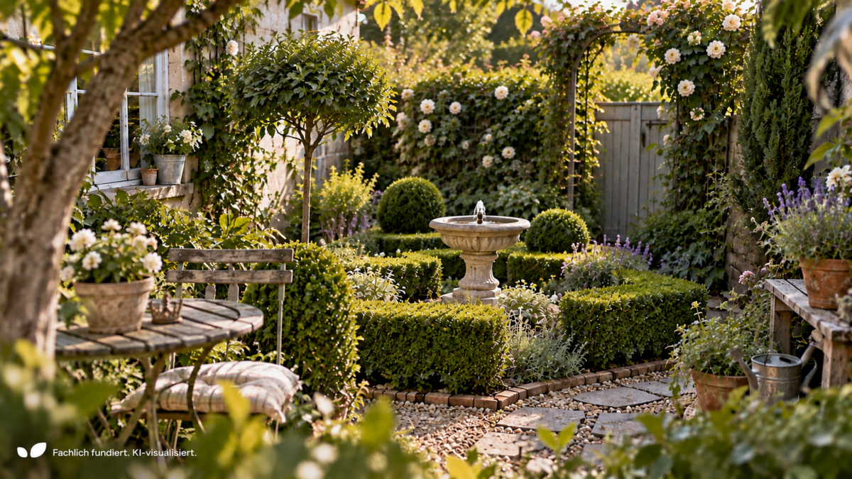 Kleiner Garten im französischen Barockstil mit geometrisch geschnittenen Hecken, Kieswegen, Rosen, Lavendel und einem kleinen Brunnen als zentralem Blickfang.